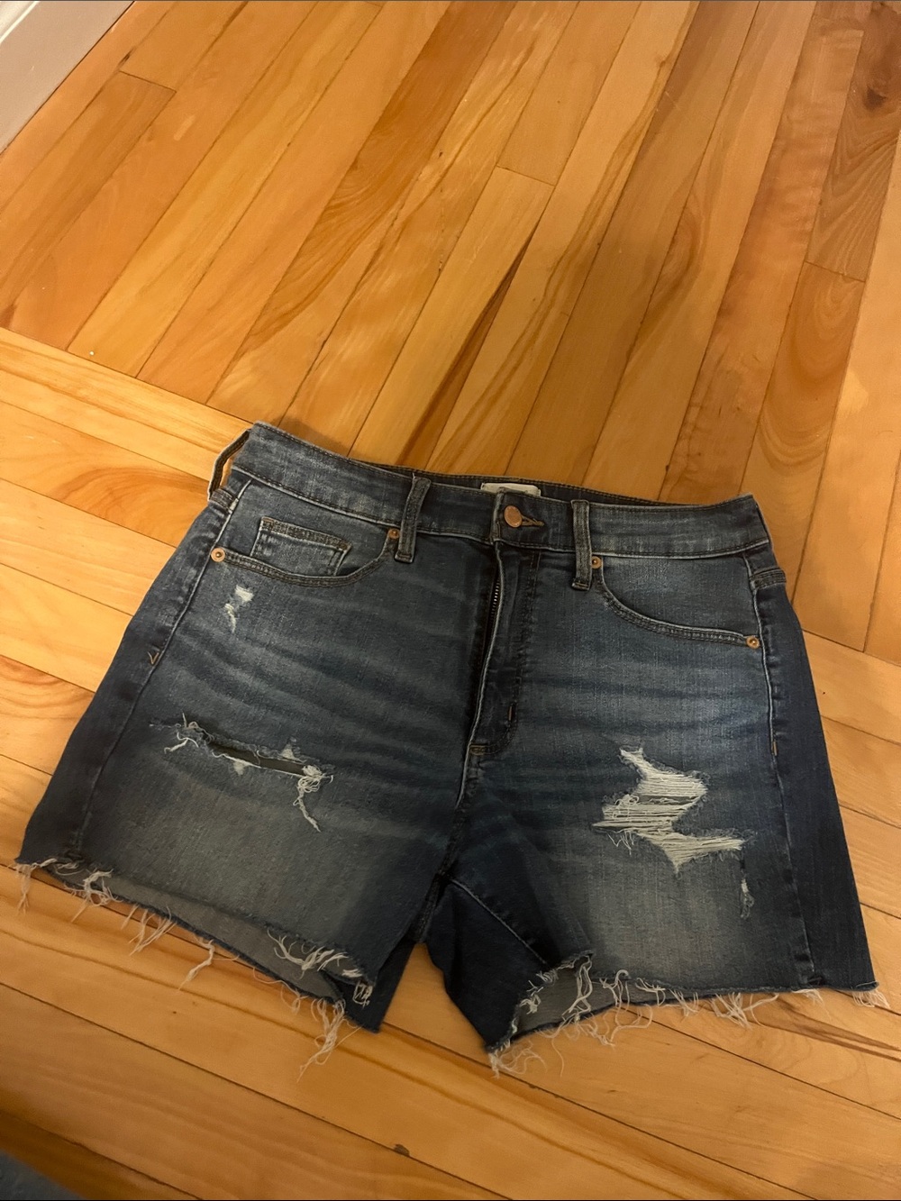 Distressed Dark Blue Denim Shorts - Women's Casual Cutoff